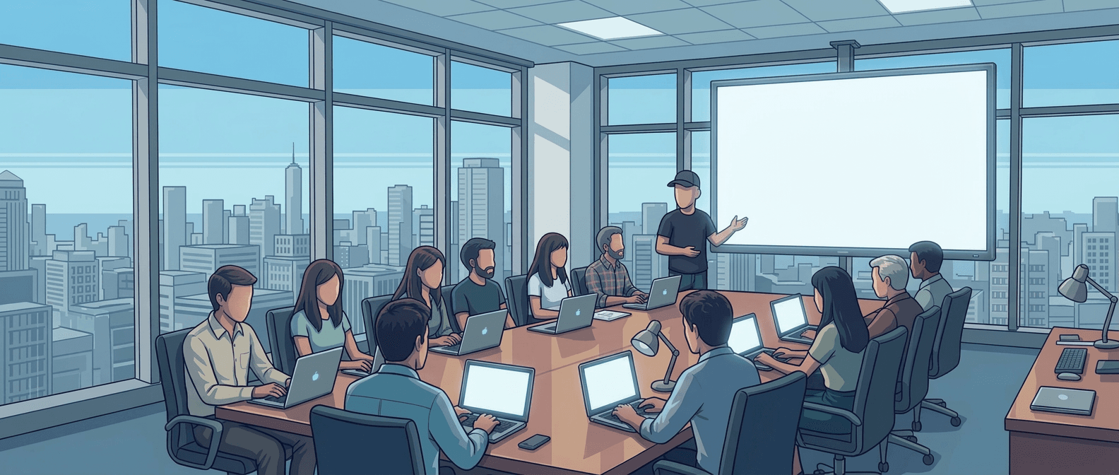Pixel illustration of people building together on laptops at a workshop overlooking New York City.