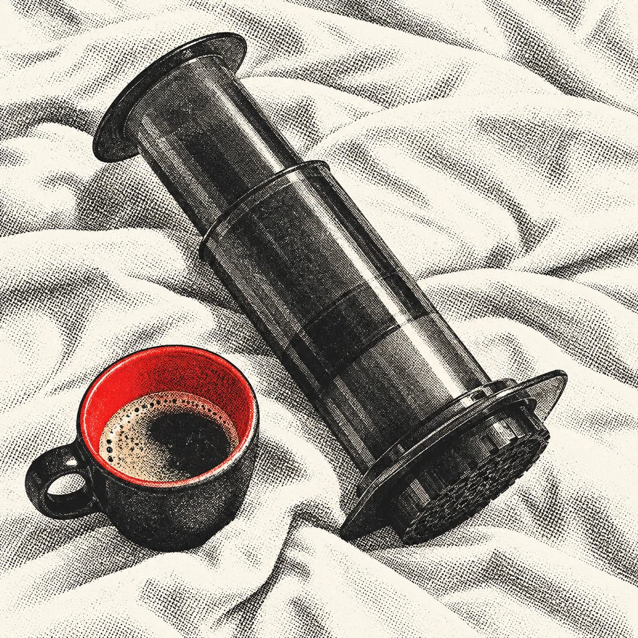 A coffee press and espresso cup on ivory fabric, in black halftone with a red accent.