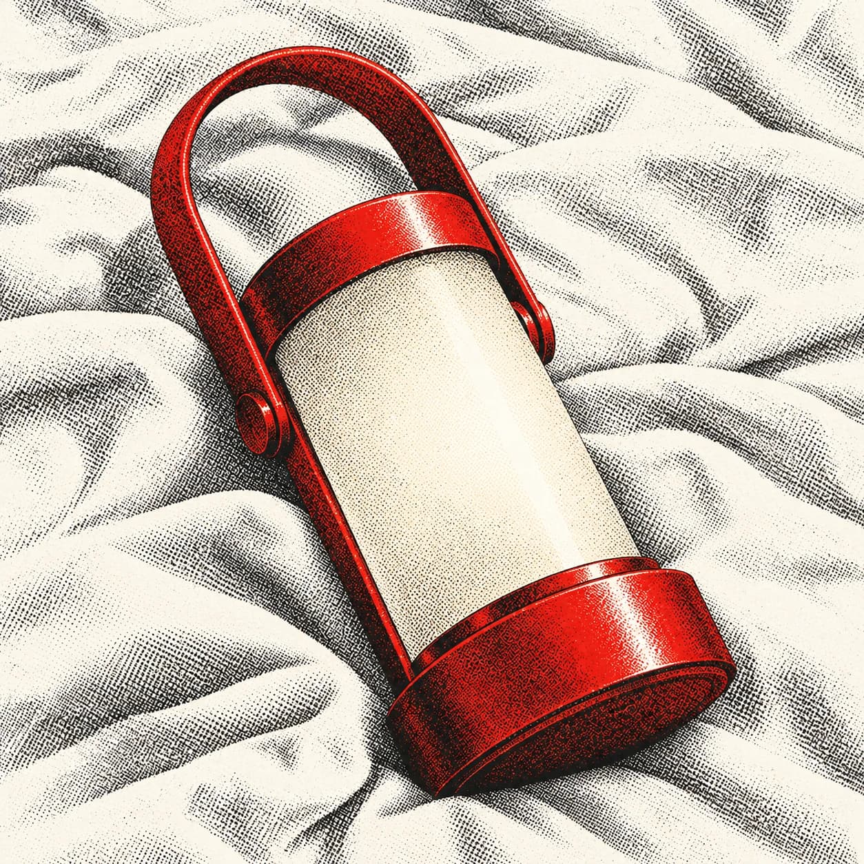 A red portable lantern lamp on softly rumpled ivory fabric.